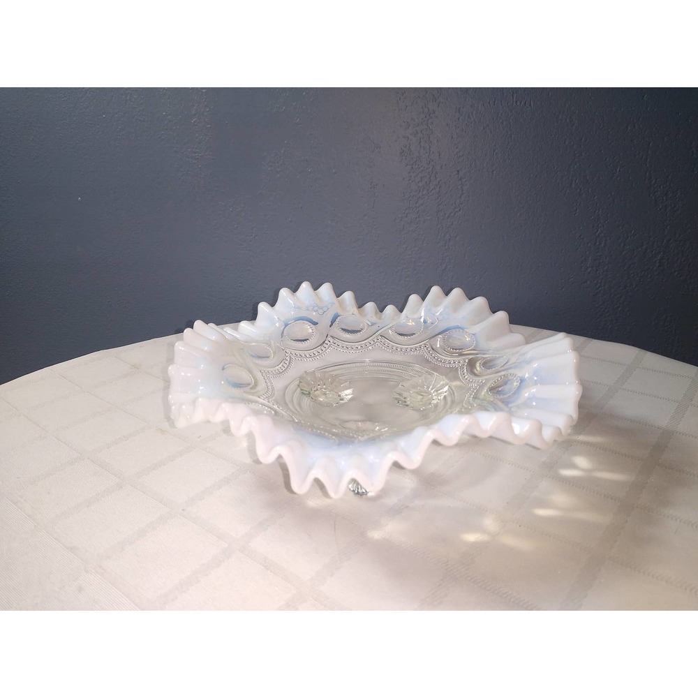 Northwood Jefferson glass dish beaded cable dish with ruffled edges- French Opal